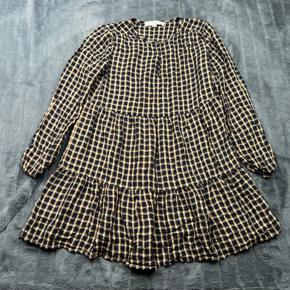 LOFT Womens XS Plaid Tiered Babydoll Dress Navy Yellow Metallic Long Sleeve Mini